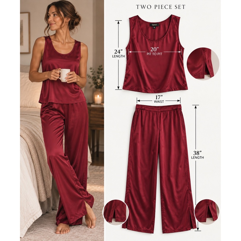 Quince Pajama Set Women XL Crimson  100% Silk Tank & Wide Leg Pant Quiet Luxury